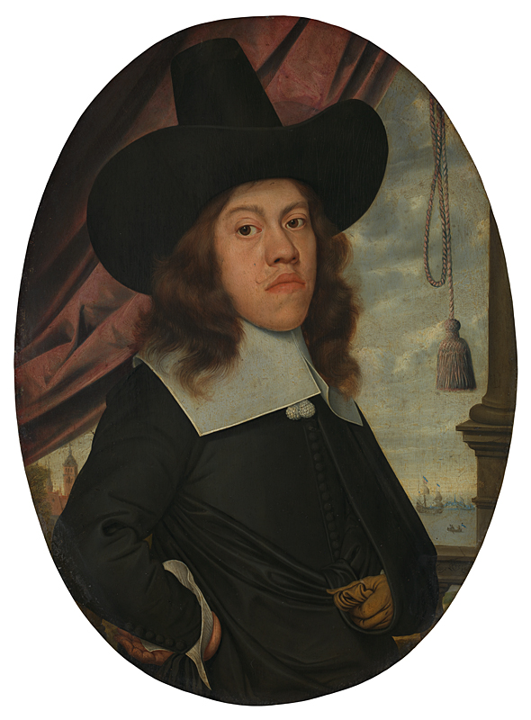 Bildnis eines jungen Mannes, 1662: Ein junger Mann mit langem Haar, breitem schwarzem Hut und weißem Kragen steht in dunklem Rock vor einer Säule und einem roten Vorhang. Im Hintergrund liegt eine Stadt am Wasser mit Schiffen.