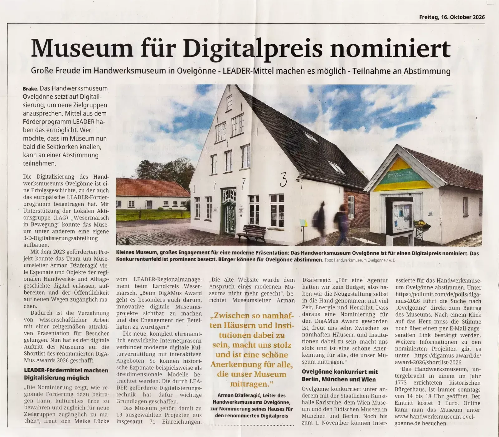 Scanned newspaper page of the Kreiszeitung Wesermarsch of 16 October 2026 headlined Museum nominated for digital prize