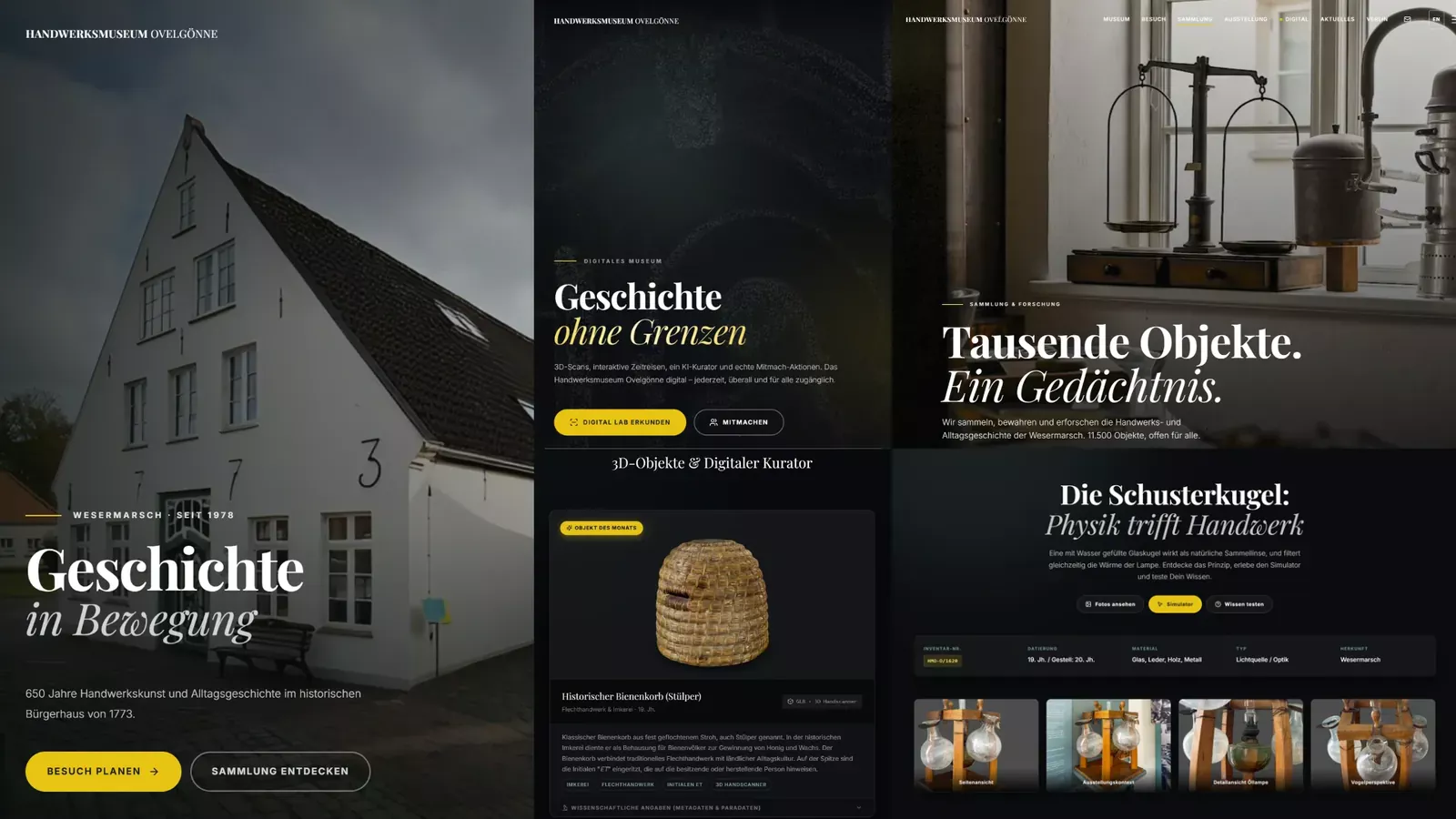 Collage of details from the new website: home page with the town house, digital museum, object of the month, collection and the cobbler's globe